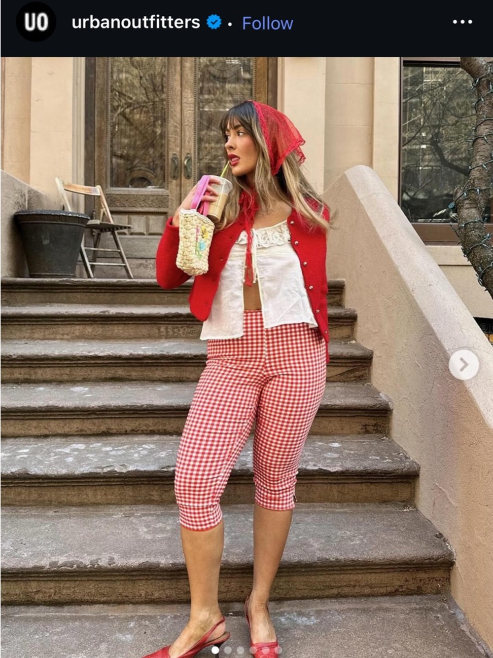 Kimchi Blue Fitted Red Gingham Check Plaid Capri Pants w/Picot Trim & Ankle Slit